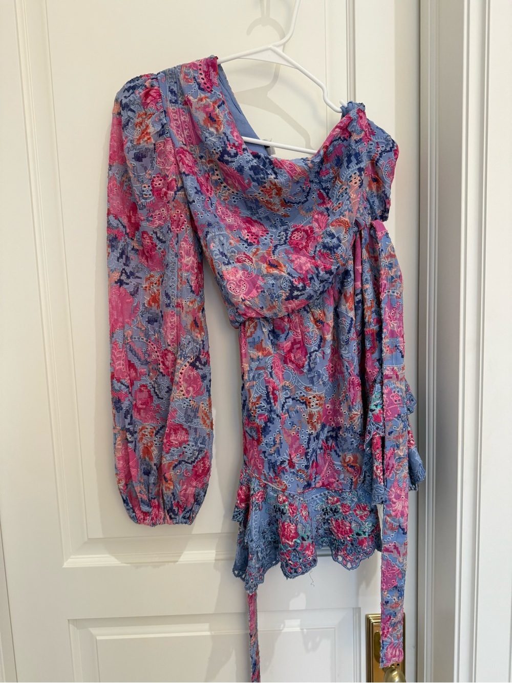 HEMANT & NANDITA Blue and Pink One-Shoulder Floral Tunic